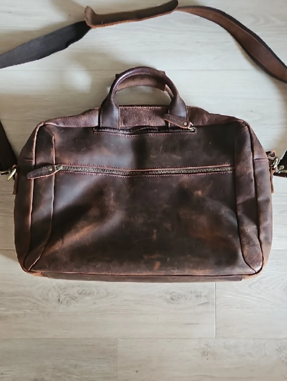 Distressed Brown Leather Laptop Messenger Bag with Shoulder Strap